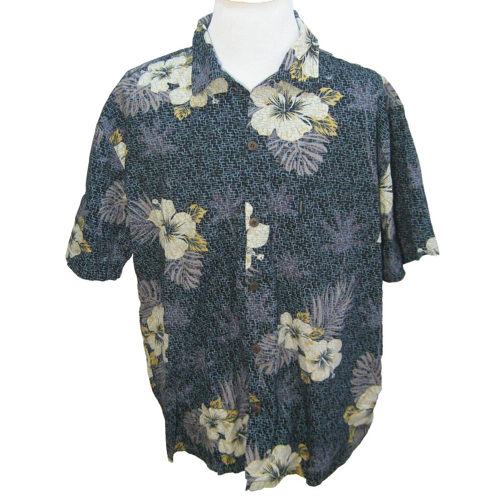 PALMWAVE Men's (Size 2XL) Black Floral Short Sleeve Hawaiian Aloha Shirt Cotton